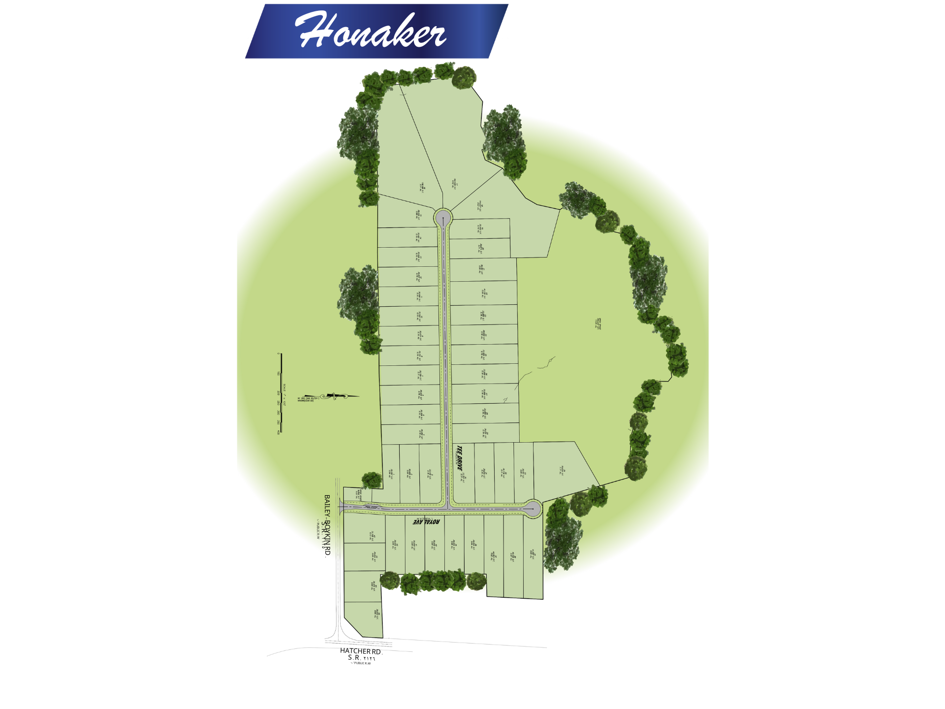 Honaker Farms development site map featuring 46 lots in Selma, NC at Bailey-Boykin Road and Hatcher Road in Johnston County by RRT Development