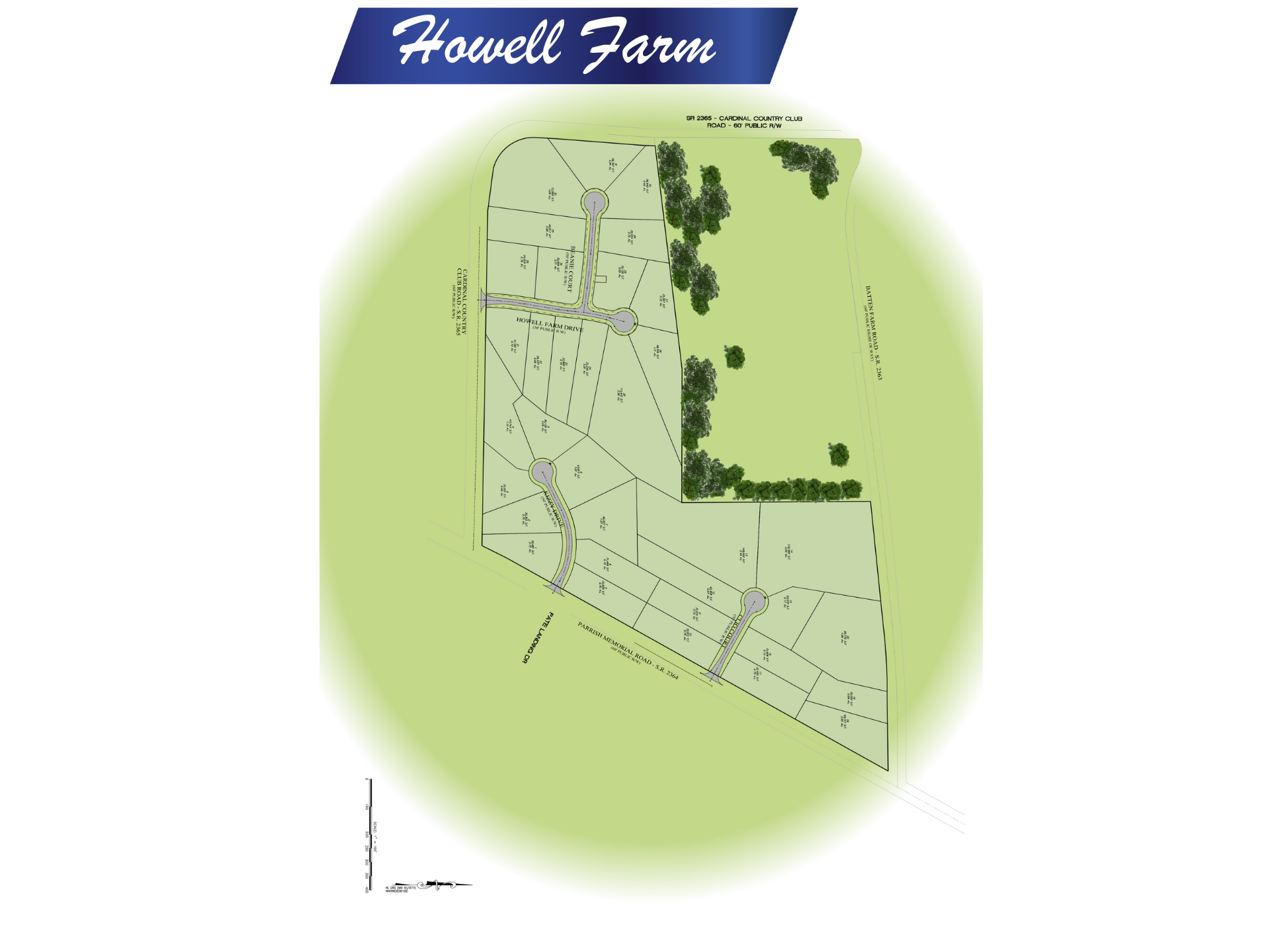 Howell Farm community site map with 35 lots in Selma, NC at Cardinal Country Club Road and Parrish Memorial Road in Johnston County by RRT Development